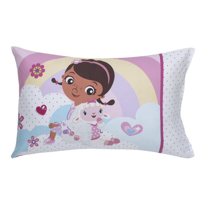 Disney Doc McStuffins - Cuddle Team Purple, White, & Blue 4Piece Toddler Bed Set - Comforter, Fitted Bottom Sheet, Flat Top Sheet, & Reversible Pillowcase, Lavender, Aqua, Pink, Yellow Disney Doc Mcstuffins