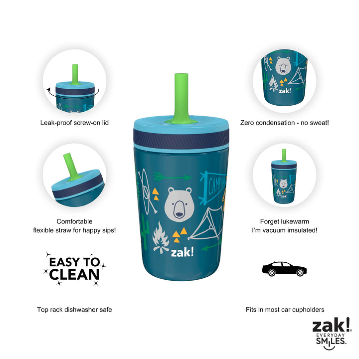 Zak Designs Campout and Camping Kelso Tumbler Set, Leak-Proof Screw-On Lid with Straw, Bundle for Kids Includes Plastic and Stainless Steel Cups with Bonus Sipper, 3pc Set, Non-BPA,15 fl oz Classic