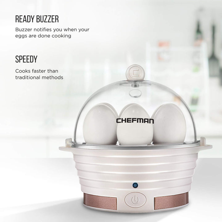 Chefman Electric Egg Cooker Boiler Rapid Poacher, Food & Vegetable Steamer, Quickly Makes Up to 6, Hard, Medium or Soft Boiled, Poaching/Omelet Tray Included, Ready Signal, BPA-Free, Ivory