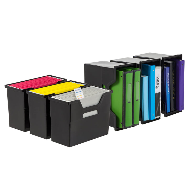 IRIS USA Medium Portable Desktop File Box with Open Lid, 6 Pack, Side Handles, Hanging File Folders, Tabs & Inserts, Letter Size, Magazines, Newspapers, Mail, Books, Notebooks, Black Medium, Black - 6 Pack