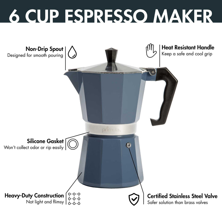 Primula Classic Stovetop Espresso and Coffee Maker, Moka Pot for Italian and Cuban Café Brewing, Greca Coffee Maker, Cafeteras, 6 Espresso Cups, Blue 6 Cup