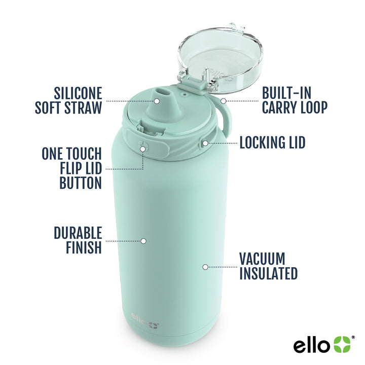 Ello Cooper 32oz Stainless Steel Water Bottle with Straw and Carry Handle, Double Walled and Vacuum Insulated Metal, Leak Proof Locking Lid with Soft Silicone Spout, Reusbale, BPA Free, Yucca