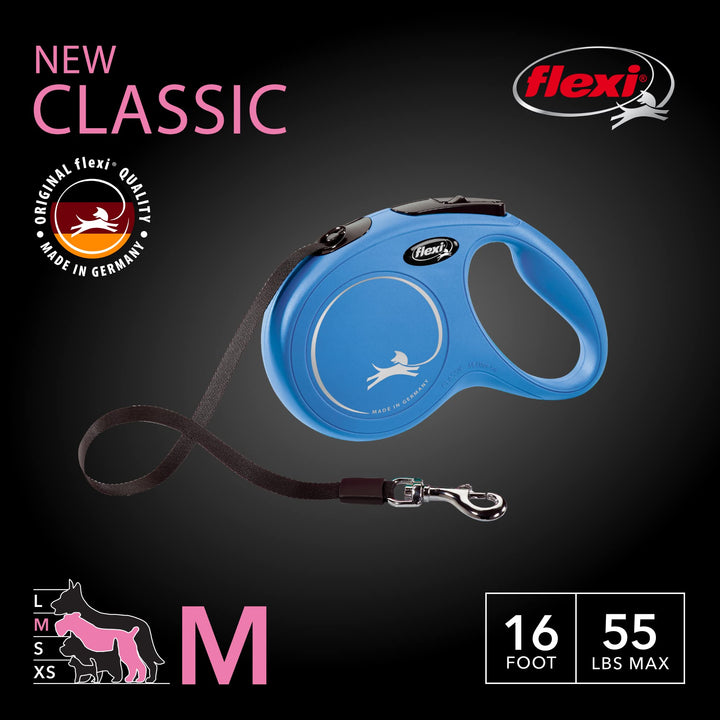 Flexi 25210768: Classic Retractable Tape Dog Leash, Blue Md 55 Lbs 16Ft Medium, 16 ft