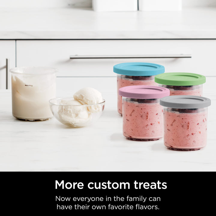 Ninja Creami Pints 4 Pack, Compatible with NC299AMZ & NC300s Series Creami Ice Cream Makers, Genuine Ninja Pint, BPA-Free & Dishwasher Safe, Color Lids, Clear/Grey/Lime/Pink/Aqua, XSKPLD4BCD