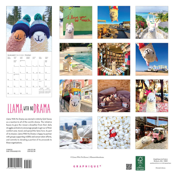 Graphique 2024 Llama with No Drama Wall Calendar | 12” x 12” | Thick Paper | Home & Office Organizer | Large Monthly Grid | 3 Languages & Marked Holidays | 4 Month Preview Page for 2025