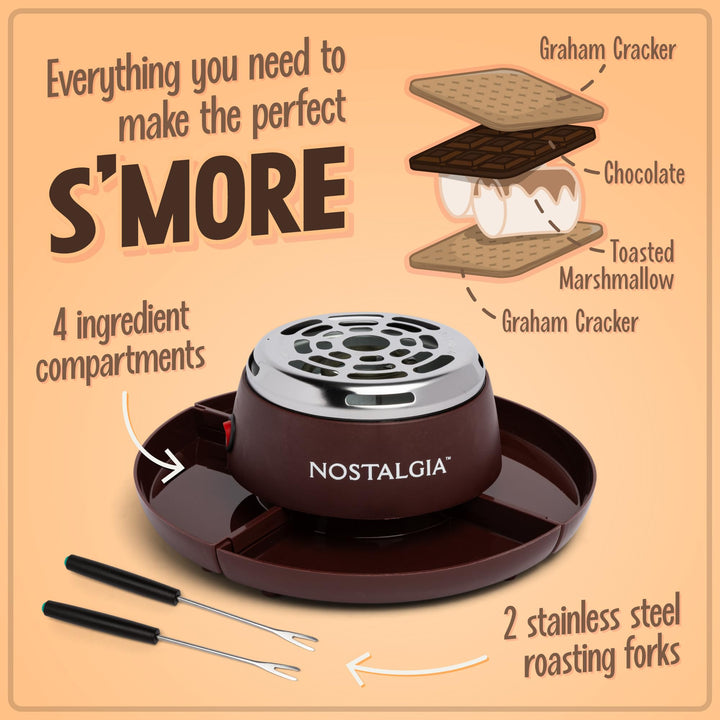 Nostalgia Tabletop Indoor Electric S'mores Maker - Smores Kit With Marshmallow Roasting Sticks and 4 Trays for Graham Crackers, Chocolate, and Marshmallows - Movie Night Supplies - Brown MyMini S'mores Maker