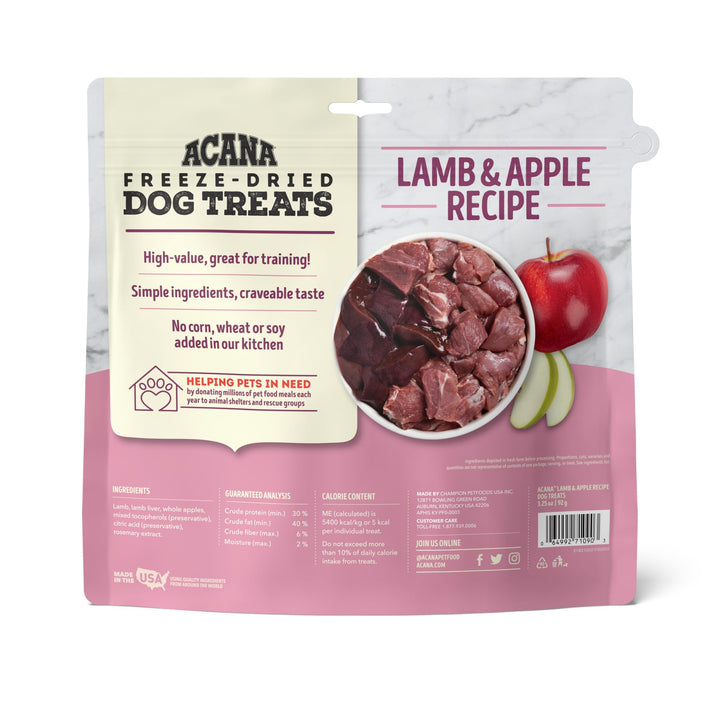 ACANA Singles Freeze Dried Dog Treats, Limited Ingredient Grain Free Lamb & Apple Recipe, 3.25oz Freeze-Dried Treats 3.25 Ounce (Pack of 1)