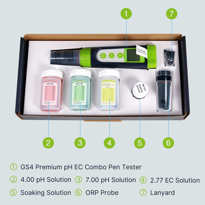 Apera Instruments GroStar Series GS4-P pH/EC/500ppm/700ppm/ORP 6-in-1 Combo Pen Tester Kit with Replaceable Double-Junction pH/EC Probe and ORP Probe for Hydroponics Water Quality Testing, Gen II pH/EC/ppm+ORP