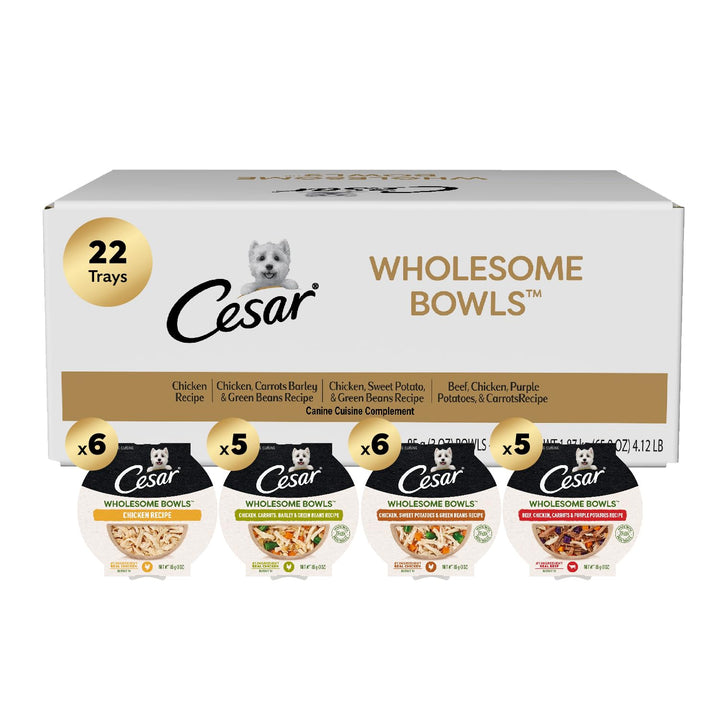 CESAR WHOLESOME BOWLS Adult Soft Wet Dog Food Variety Pack, (22) 3 oz. Bowls Chicken & Beef Variety Packs 3 Ounce (Pack of 22)