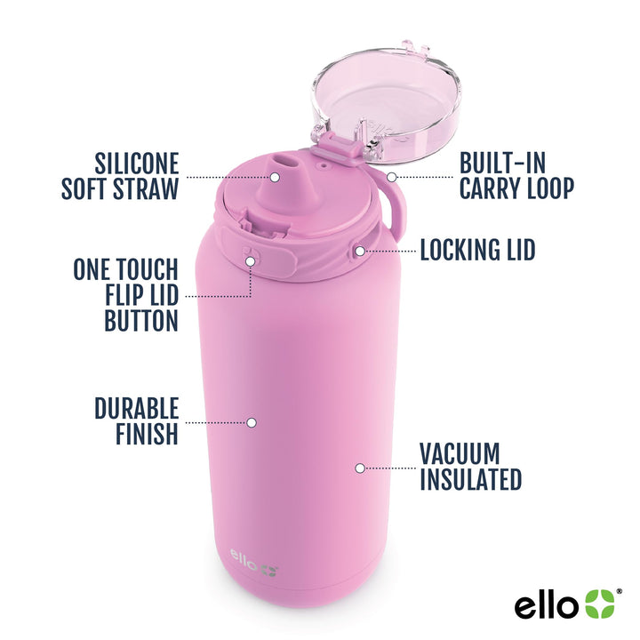 Ello Cooper Vacuum Insulated Stainless Steel Water Bottle with Soft Straw and Carry Loop, Double Walled, Leak Proof, Bubblegum, 40oz