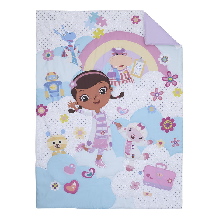 Disney Doc McStuffins - Cuddle Team Purple, White, & Blue 4Piece Toddler Bed Set - Comforter, Fitted Bottom Sheet, Flat Top Sheet, & Reversible Pillowcase, Lavender, Aqua, Pink, Yellow Disney Doc Mcstuffins