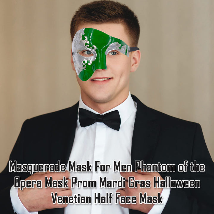 Masquerade Mask For Men Phantom Of The Opera Mask Prom Mardi Gras Haloween Venetian Half Face Mask Green/Silver One Size