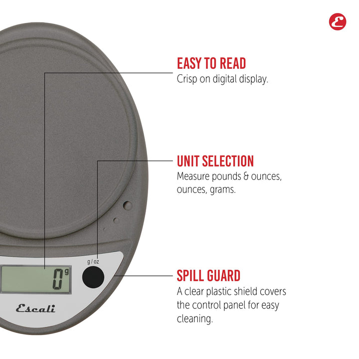 Escali Primo Digital Food Scale Multi-Functional Kitchen Scale and Baking Scale for Precise Weight Measuring and Portion Control, 8.5 x 6 x 1.5 inches, Metallic