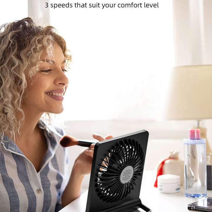 Koonie USB Fan, Strong Wind Ultra Quiet Small Desk Fan 220° Tilt Folding 3 Speeds Adjustable USB-C Corded Powered Personal Fan for Home Office Desktop Black Black without Battery 5.7in