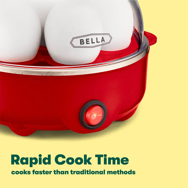 BELLA Rapid Electric Egg Cooker and Poacher with Auto Shut Off for Omelet, Soft, Medium and Hard Boiled Eggs - 7 Egg Capacity Tray, Single Stack, Red