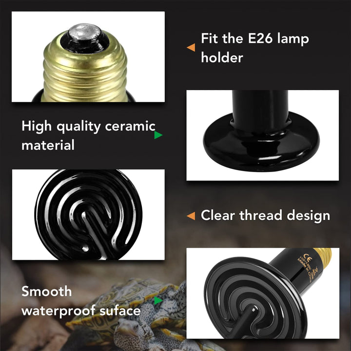 Simple Deluxe Reptile Heat Lamp Bulb Ceramic Heat Emitter 40W/60W/100W/150W/250W, No Light Emitting Brooder Coop Heater for Amphibian Pet & Incubating Chicken Black Black/1-pack 100W