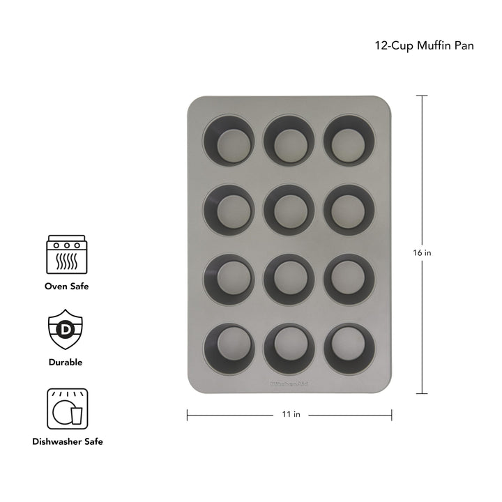 KitchenAid Nonstick 12 Cup Muffin Pan with Extended Handles for Easy Girp, Aluminized Steel to Promoted Even Baking, Dishwasher Safe,Contour Silver Contour Silver