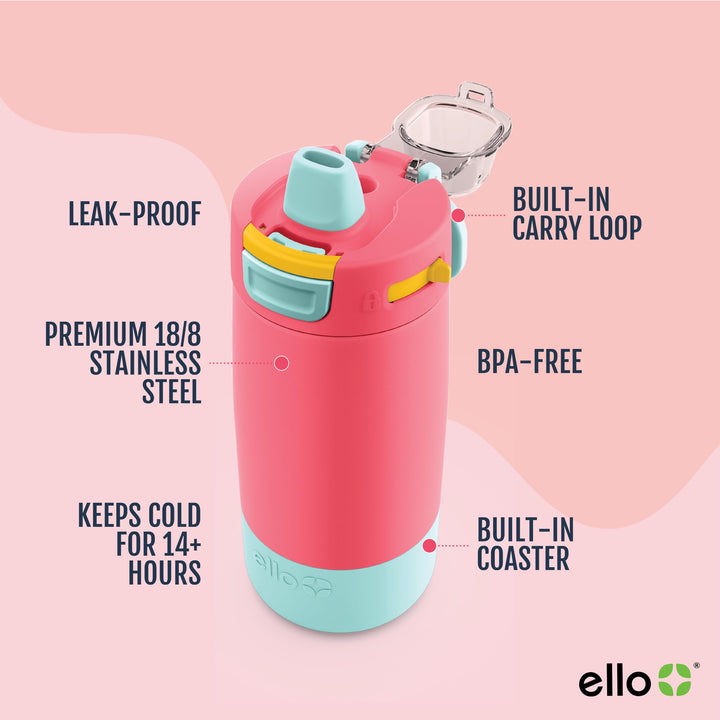 Ello Kids Colby 12oz Stainless Steel Insulated Water Bottle with Straw and Built-In Silicone Coaster Carrying Handle and Leak-Proof Locking Lid for School Backpack, Lunchbox, and Outdoor Sports, Coral