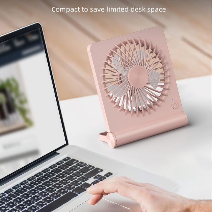 Koonie Portable Desk Fan, 3.5-20hrs Battery Operated Small USB Fan with Ultra Quiet 220 Tilt Folding, Rechargeable Personal Fan with 3 Speeds Strong Wind for Home Office Desktop, Pink