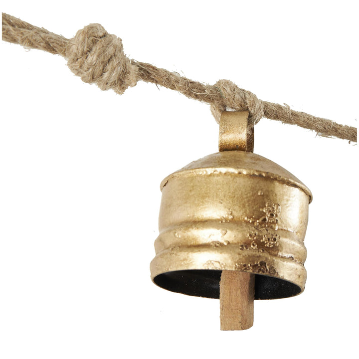 Deco 79 Gold Metal Tibetan Inspired String Hanging Decorative Bells with Jute Hanging Rope 4" x 8" x 52" - Cone 52" x 4" x 8"