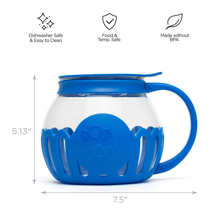 Ecolution Patented Micro-Pop Microwave Popcorn Popper with Temperature Safe Glass, 3-in-1 Lid Measures Kernels and Melts Butter, Made Without BPA, Dishwasher Safe, 1.5-Quart, Blue