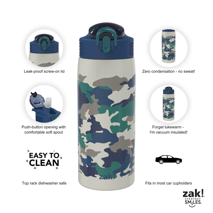 Zak Designs Water Bottle for Travel and At Home, 19 oz Vacuum Insulated Stainless Steel with Locking Spout Cover, Built-In Carrying Loop, Leak-Proof Design (Camo) Camo