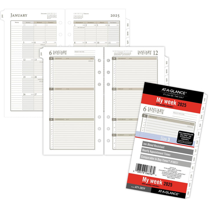 AT-A-GLANCE 2025 Planner Refill, Weekly & Monthly, 3-3/4" x 6-3/4", Portable Size, Loose-Leaf (471-285Y-25) 2025 New Edition