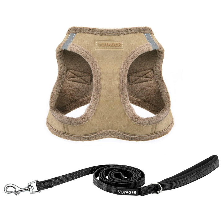 Voyager Step-in Plush Dog Harness – Soft Plush, Step in Vest Harness and Reflective Dog 5 ft Leash Combo with Neoprene Handle for Small and Medium Dogs by Best Pet Supplies -Set (Latte Suede), M Harness Leash Set (Latte Suede) M (Chest: 16 - 18")