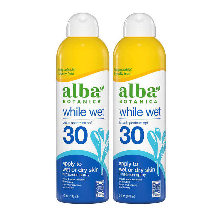 Alba Botanica Sunscreen for Face and Body, While Wet Sunscreen Spray, Broad Spectrum SPF 30, Water Resistant Sunscreen for Wet and Dry Skin, 5 fl. oz. Bottle (Pack of 2)