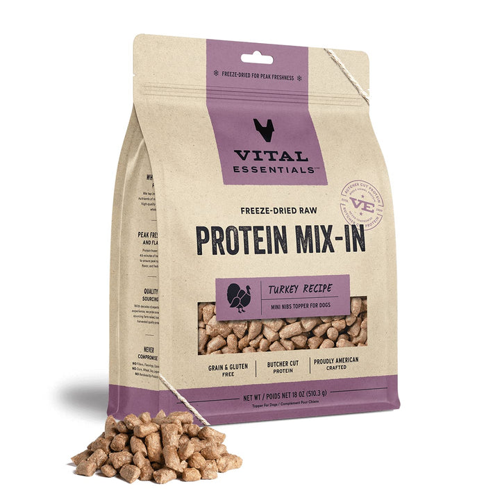 Vital Essentials Freeze Dried Raw Protein Mix-in Dog Food Topper, Turkey Mini Nibs Topper for Dogs, 18 oz