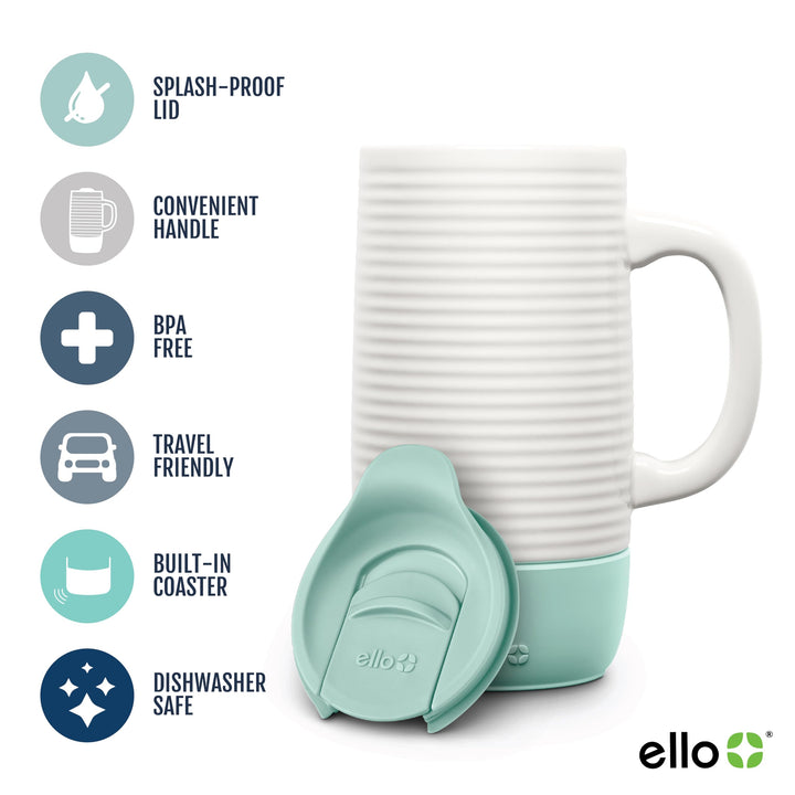 Ello Jane 18oz Ceramic Travel Mug with Handle, Splash-Resistant Slider Lid and Built-in Coaster, Perfect for Coffee and Tea, BPA Free, Dishwasher Safe Yucca