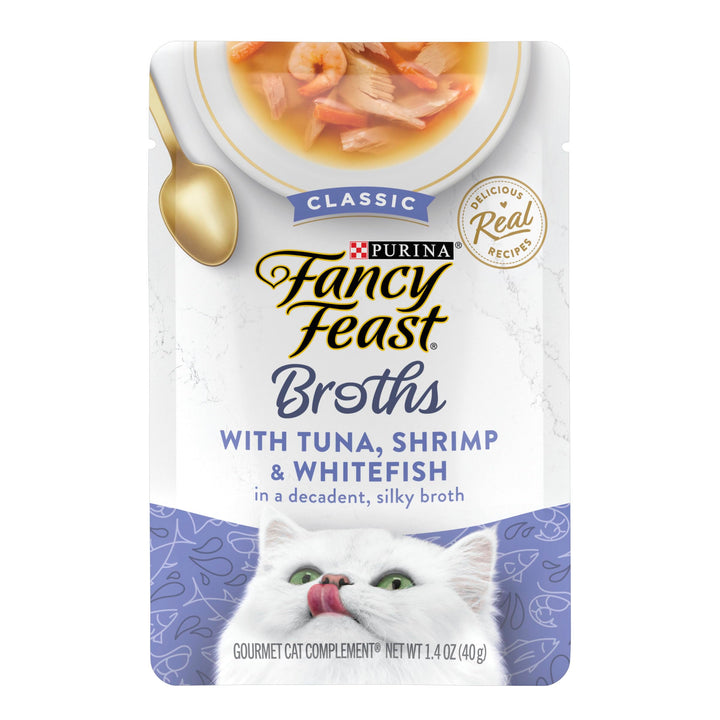 Purina Fancy Feast Limited Ingredient Wet Cat Food Complement, Broths With Tuna, Shrimp & Whitefish - (Pack of 16) 1.4 oz. Pouches 1.4 Ounce (Pack of 16)