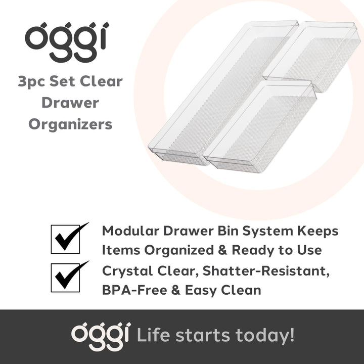 Oggi Set of 3 Clear Drawer Organizers - (1) 6x6.25, (1) 6.25x9.25, (1) 6.25x15.75 - Ideal for Organizing Kitchen Drawers, Office, Desk, Silverware, Kitchen Utensils, Cosmetics and Bathrooms