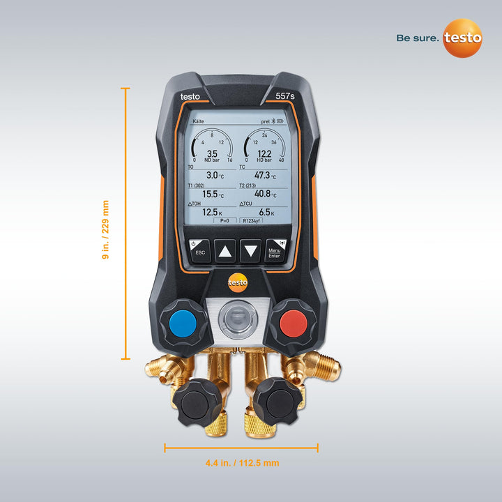 testo 557s AC Manifold Gauge Set – AC Recharge Kit with 2x testo 115i Pipe Clamp Thermometer, 1x testo 552i Micron Gauge, and 4x Hoses – AC Gauge Set with Bluetooth Vacuum Kit with 4 Hoses