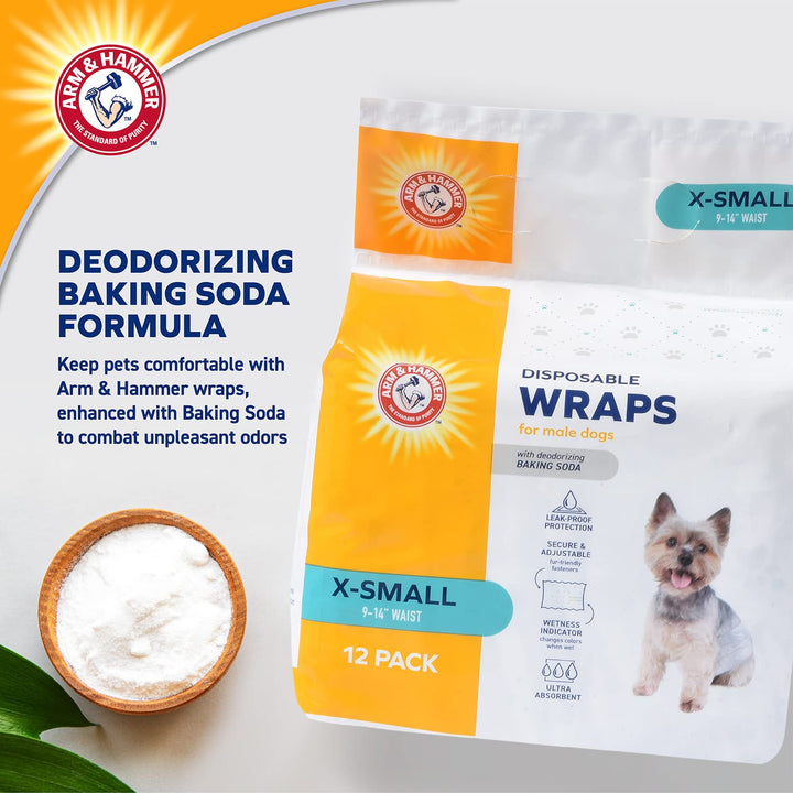 Arm & Hammer For Pets Male Dog Wraps, Medium 12 Ct | Ultra-Absorbent, Adjustable Male Dog Diapers with Leak-Proof Protection & Wetness Indicator | Arm & Hammer Baking Soda Enhanced for Odor Control Male Wraps Medium (12 Count)