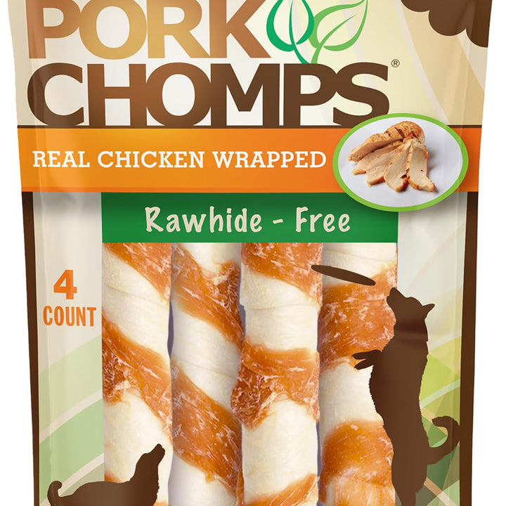 Pork Chomps Baked Pork Skin Dog Chews, 6-inch Twists, Real Chicken Wrap, 4 Count 4 Count (Pack of 1)