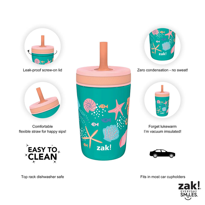 Zak Designs Shells Kelso Tumbler Set, Leak-Proof Screw-On Lid with Straw, Bundle for Kids Includes Plastic and Stainless Steel Cups with Bonus Sipper (3pc Set, Non-BPA) 15 fl.oz. Classic