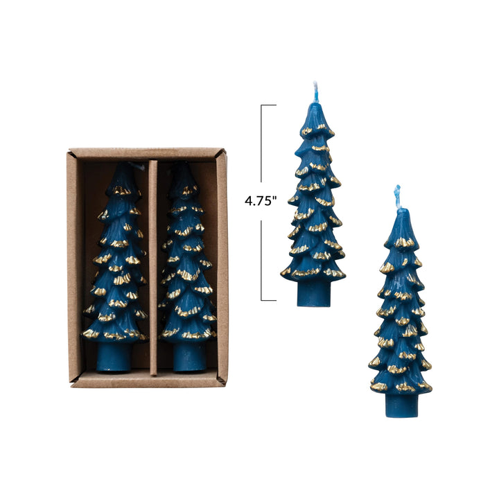 Creative Co-Op Unscented Textured Tree Shaped Taper Candles with Gold Tips in Box, Blue, Set of 2 Gold/Blue 5"