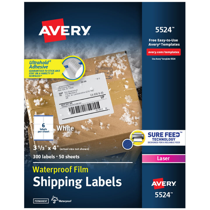 Avery Waterproof Printable Shipping Labels with Sure Feed, 3-1/3" x 4", White, 300 Blank Mailing Labels (5524) 1 Pack