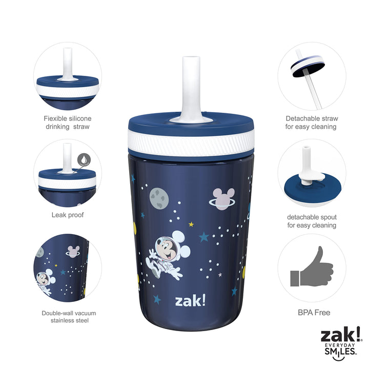 Zak Designs Disney Mickey Mouse Kelso Tumbler Set, Leak-Proof Screw-On Lid with Straw, Bundle for Kids Includes Plastic and Stainless Steel Cups with Bonus Sipper (3pc Set, Non-BPA)15 fl oz. Classic