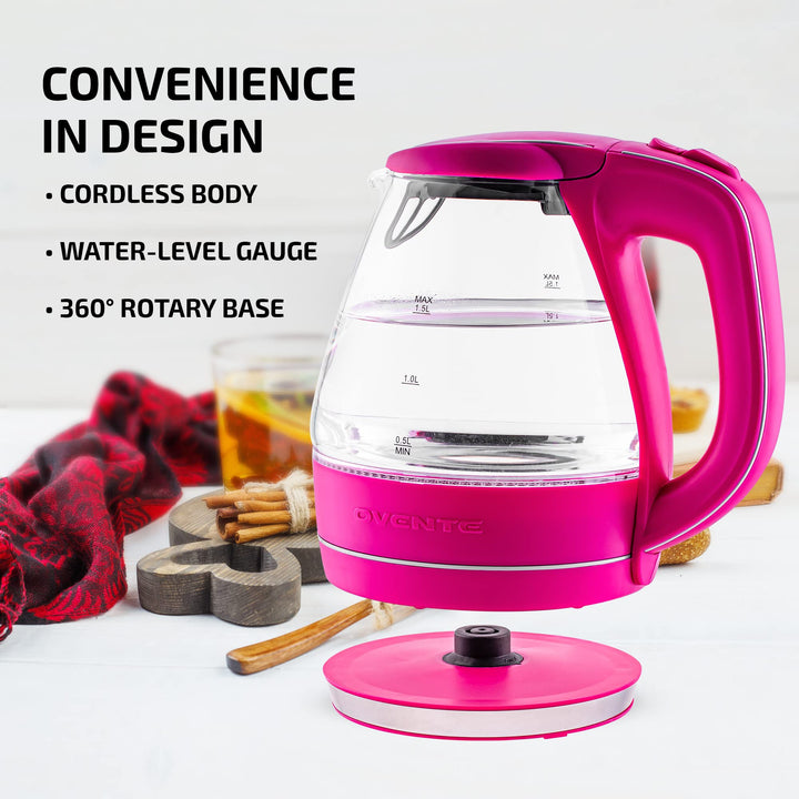 OVENTE Glass Electric Kettle Hot Water Boiler 1.5 Liter Borosilicate Glass Fast Boiling Countertop Heater - BPA Free Auto Shut Off Instant Water Heater Kettle for Coffee & Tea Maker - Purple KG83P