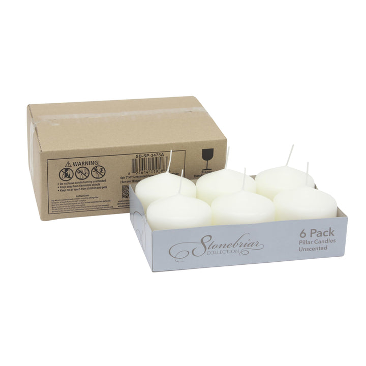 Stonebriar 3 Pack Tall 3 x 6 Inch 65 Hour Long Burning Unscented White Wax Pillar Candles 3x6 3.0