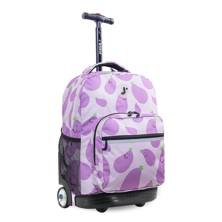 J World New York Sunrise Kids Rolling Backpack for Girls Boys Teen. Roller Bookbag with Wheels, Mr. Eggplant, 18"