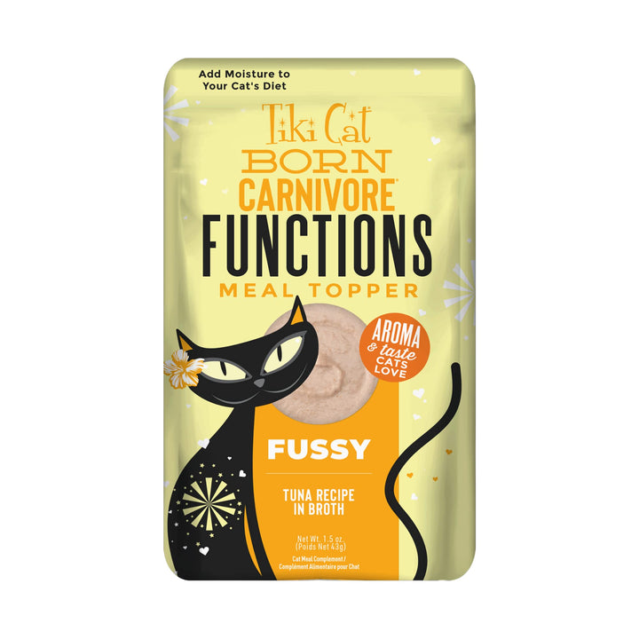 Tiki Cat Born Carnivore Functions Fussy, Tuna Recipe in Broth, Highly Palatable Formulated for Picky Eaters, Mousse Cat Food Topper, 1.5 oz. Pouch (12 Count)