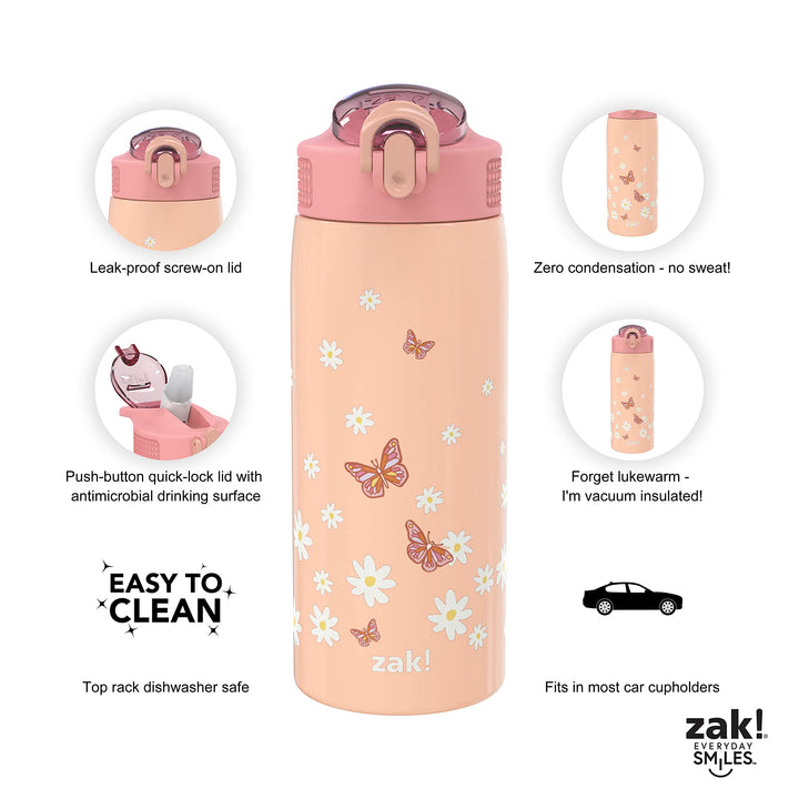 Zak Designs Water Bottle for Travel and At Home, 19 oz Vacuum Insulated Stainless Steel with Locking Spout Cover, Built-In Carrying Loop, Leak-Proof Design (Daisies) Daisies