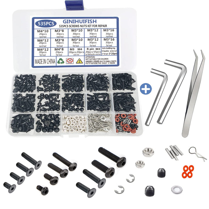 535PCS RC Screw Kit Repair Tool Assortment Set M3 M4 Hex Screws Nut Hardware Fasteners with Wrench for Traxxas Axial Redcat HSP HPI Arrma Losi 1:8 1:10 1:12 1:16 Scale RC Cars Trucks Crawler Parts