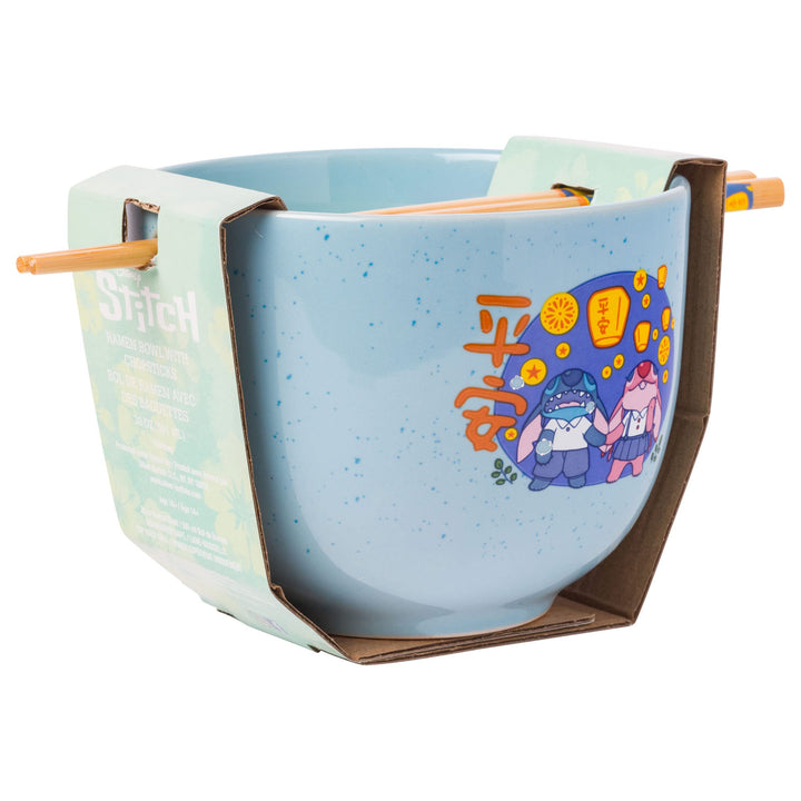 Silver Buffalo Lilo and Stitch Angel Holding Hands Couple Floating Lantern Ceramic Ramen Noodle Rice Bowl with Chopsticks, Microwave Safe, 20 Ounces Lilo and Stitch Floating Lantern Cartoon