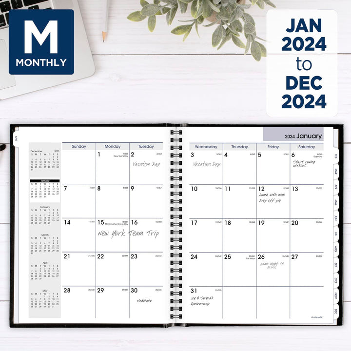 AT-A-GLANCE 2024 Monthly Planner, DayMinder, 7" x 8-1/2", Medium, Monthly Tabs, Hardcover, Black (G400H0024) 2024 New Edition