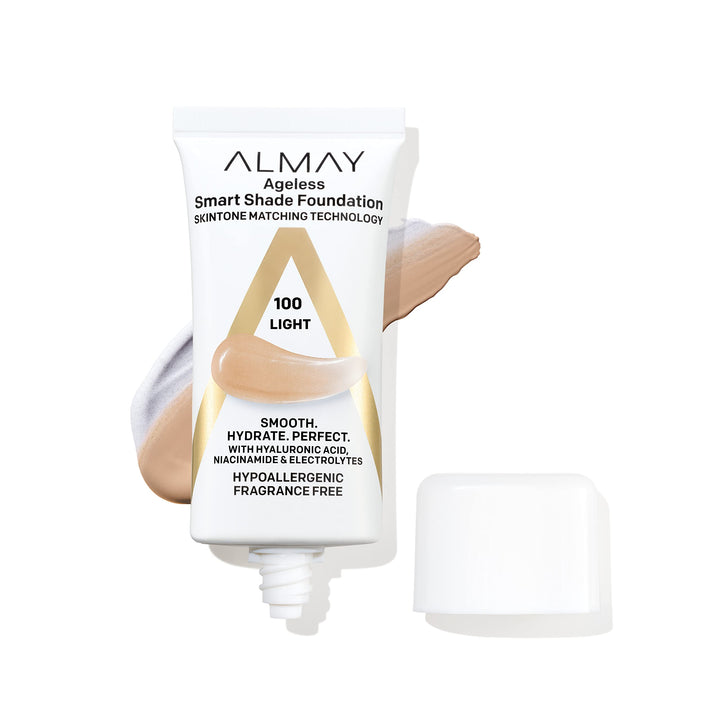 Almay Anti-Aging Foundation, Smart Shade Face Makeup with Hyaluronic Acid, Niacinamide, Vitamin C & E, Hypoallergenic-Fragrance Free, 100 Light, 1 Fl Oz (Pack of 1)