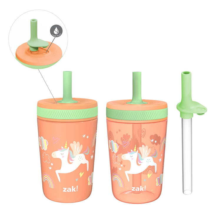 Zak Designs Unicorn Kelso Tumbler Set, Leak-Proof Screw-On Lid with Straw, Bundle for Kids Includes Plastic and Stainless Steel Cups with Bonus Sipper, 3pc Set, Non-BPA, 15 fl.oz. Classic